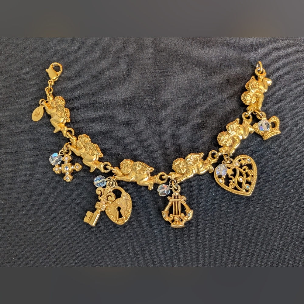 **RARE** Kirks Folly Cherub Panel Link Gold Vintage Collectable Charm Bracelet - Picture 10 of 12